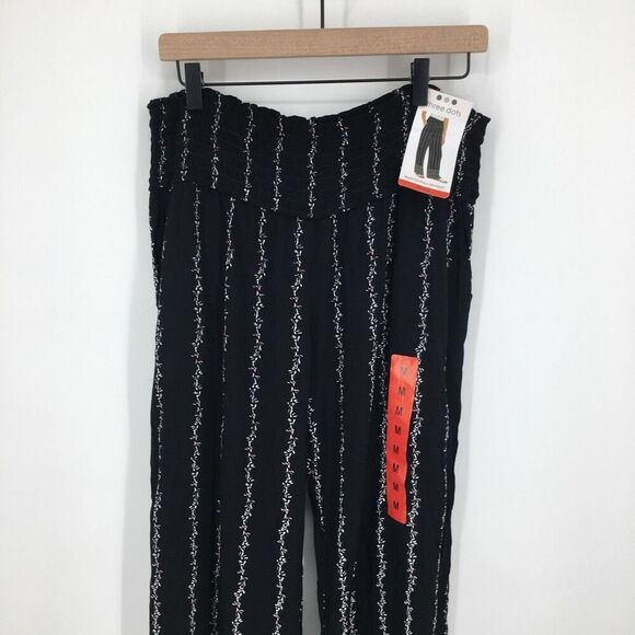 Three Dots Wide Leg Pants Womens Medium Black Floral Border Smocked Waist #M - Picture 3 of 14
